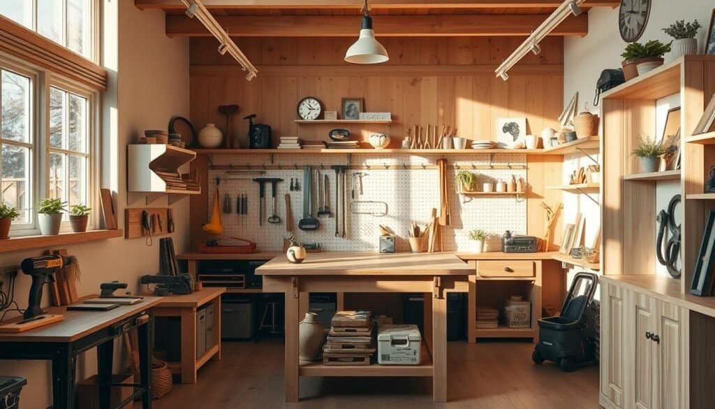 An airy, well-lit workshop layout with natural wood finishes and a mix of modern and rustic elements. A central workbench with a pegboard wall for tool storage, flanked by built-in shelving units displaying decorative home décor pieces. Sunlight streams in through large windows, casting a warm glow over the space. Various woodworking tools, small potted plants, and task lighting fixtures create a productive yet inviting atmosphere. The layout emphasizes organization and functionality while maintaining a stylish, cohesive aesthetic suitable for a home workshop or small studio.