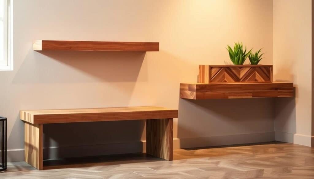 An artful arrangement of simple yet stunning upcycled wood projects from "The Sawdust Man" workshop. A rustic wooden bench with sleek lines and a natural finish, complemented by a stylish floating shelf made from reclaimed beams. In the background, a handcrafted wooden planter box with clean geometric patterns. Warm, directional lighting casts a soft glow, highlighting the natural grain and texture of the wood. The overall scene conveys a harmonious blend of modern design and classic craftsmanship, perfect for elevating any space with a designer-inspired look.