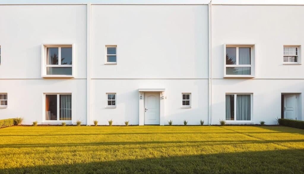 An austere, minimalist townhouse facade, its crisp white walls and stark geometric lines creating a sense of coldness and detachment. The windows, perfectly symmetrical, offer only a glimpse of the impersonal, sparsely furnished interiors beyond. A carefully manicured lawn extends out front, devoid of any personal touches or signs of life. Warm natural light filters in from above, casting long shadows that accentuate the rigid, lifeless architecture. The overall impression is one of a soulless, uninviting dwelling - a house, but not a home.