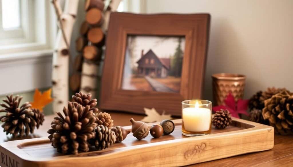An autumnal still life showcasing simple yet elegant fall wood décor from The Sawdust Man. In the foreground, a rustic wooden tray holds pinecones, acorns, and a votive candle, casting a warm glow. In the middle ground, a handcrafted wooden photo frame displays a cozy cabin scene. Behind it, a bundle of birch logs leans against the wall, complementing the natural textures. Soft, diffused lighting from a nearby window illuminates the scene, creating a cozy, inviting atmosphere perfect for transforming any home this fall season.