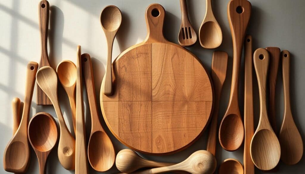 An elegant arrangement of handcrafted wooden kitchen utensils, meticulously crafted with a keen eye for detail. A rustic wooden cutting board serves as the centerpiece, surrounded by a diverse assortment of spoons, ladles, and spatulas, each with its own unique grain and texture. The soft, natural lighting casts a warm glow, highlighting the intricate patterns and hues of the wood. The composition is balanced and visually appealing, showcasing the beauty and functionality of these timeless kitchen accessories. The scene exudes a sense of warmth, simplicity, and a touch of rustic charm, perfectly capturing the essence of wooden kitchen decor.