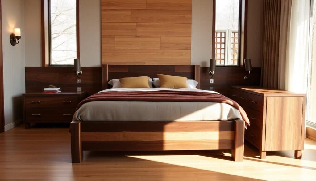 An elegant bedroom design featuring contrasting wood elements crafted by "The Sawdust Man". A plush bed with a dark wood frame sits atop a light-colored hardwood floor. Rustic nightstands of weathered oak flank the bed, complemented by a sleek, minimalist dresser in a rich walnut tone. Soft lighting from sconces casts a warm glow, highlighting the natural grain and textures of the various wood pieces. Tall windows allow natural daylight to pour in, casting shadows that accentuate the interplay of light and dark tones. The overall atmosphere is one of refined, modern comfort, showcasing the beauty and versatility of wood in interior design.