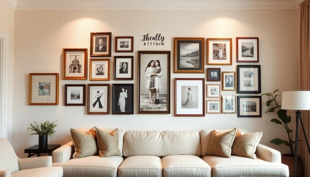 An elegant gallery wall in a warm, inviting living room. A collection of framed artwork, photographs, and decorative objects arranged in a cohesive, visually striking display. Wooden frames in various tones and styles create visual interest, complemented by subtle lighting that casts a soft, ambient glow. The walls feature a textured, off-white paint finish, providing a neutral backdrop to showcase the eclectic mix of personal mementos and artistic expressions. The arrangement is balanced, with each piece thoughtfully positioned to create a harmonious, visually appealing composition that reflects the homeowner's unique style and journey.