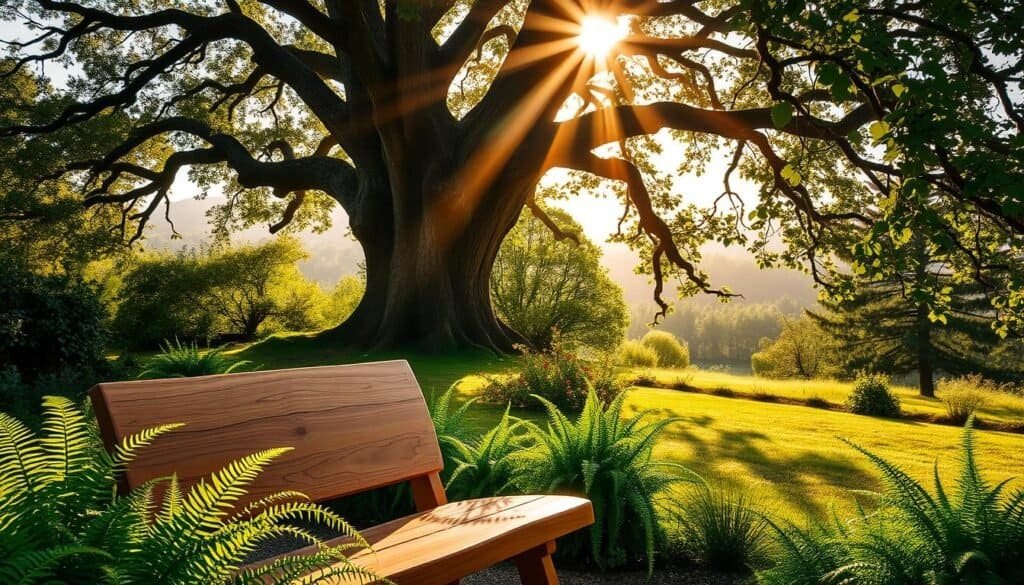 An elegant, sun-dappled tableau of natural harmony. In the foreground, a handcrafted wooden bench nestled among lush, verdant ferns and trailing vines, its smooth grain and warm tones in perfect balance with the vibrant greenery. In the middle ground, a captivating interplay of light and shadow, as beams of golden sunshine filter through the canopy of a stately oak tree, casting a gentle glow upon the scene. In the background, a sense of tranquility and seclusion, with a misty forest landscape receding into the distance. The overall mood is one of serene, organic beauty - a celebration of the timeless connection between wood and nature.