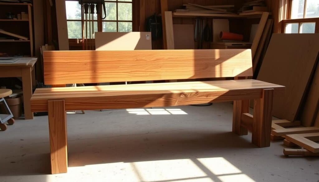 An elegant wooden bench, hand-crafted from reclaimed barn boards by "The Sawdust Man", takes center stage in a sunlit studio. Intricate joinery and a smooth, natural finish elevate the once-discarded materials, transforming them into a functional yet beautiful piece of designer decor. In the background, various woodworking tools and half-finished projects hint at the creative process, while soft, diffused lighting casts warm shadows across the scene, highlighting the wood's rich grain and texture. This image captures the essence of transforming humble, discarded wood into stunning, one-of-a-kind home furnishings.