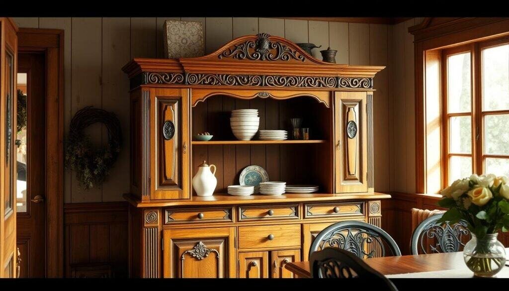 An elegant wooden storage cabinet with intricate carved details stands proudly in a cozy, well-lit dining space. The warm, natural wood tones complement the rustic, farmhouse-inspired décor. The cabinet features multiple shelves and drawers, providing ample storage for dining essentials. Soft, diffused lighting from a nearby window creates a inviting ambiance, highlighting the cabinet's craftsmanship. The scene exudes a sense of refined, yet comfortable elegance, perfectly suited for the dining area.