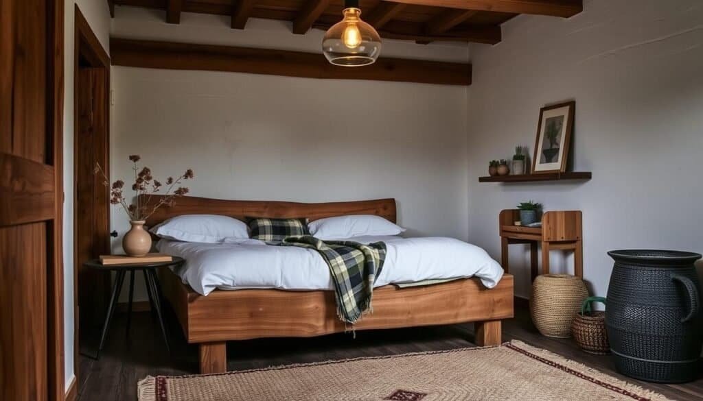 An intimate, cozy bedroom sanctuary filled with handcrafted, natural elements. A rustic wooden bed frame with plush linens, complemented by a charming side table featuring a ceramic vase with dried flowers. Soft ambient lighting from a handblown glass pendant casts a warm glow. On the opposite wall, a small, handcrafted wooden shelving unit displays artisanal ceramics, potted succulents, and a framed nature print. Wooden beams and whitewashed walls create a serene, earthy atmosphere. In the foreground, a handwoven area rug grounds the space. Crafted by "The Sawdust Man", this small but inviting bedroom exudes a sense of organic simplicity and thoughtful, handmade touches.