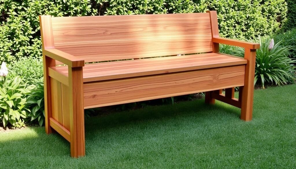 An intricately crafted garden storage bench, its sturdy frame built with precision by "The Sawdust Man". Warm, natural wood grains shine under soft, directional lighting, creating a cozy, inviting atmosphere. The bench's thoughtful design blends seamless storage compartments within its elegant silhouette, offering both beauty and functionality for the outdoor living space. Meticulously detailed textures and finishes evoke a sense of rustic charm, while clean lines and a minimalist aesthetic lend a modern touch. The bench is positioned against a lush, verdant backdrop, seamlessly integrating into a well-manicured garden setting.