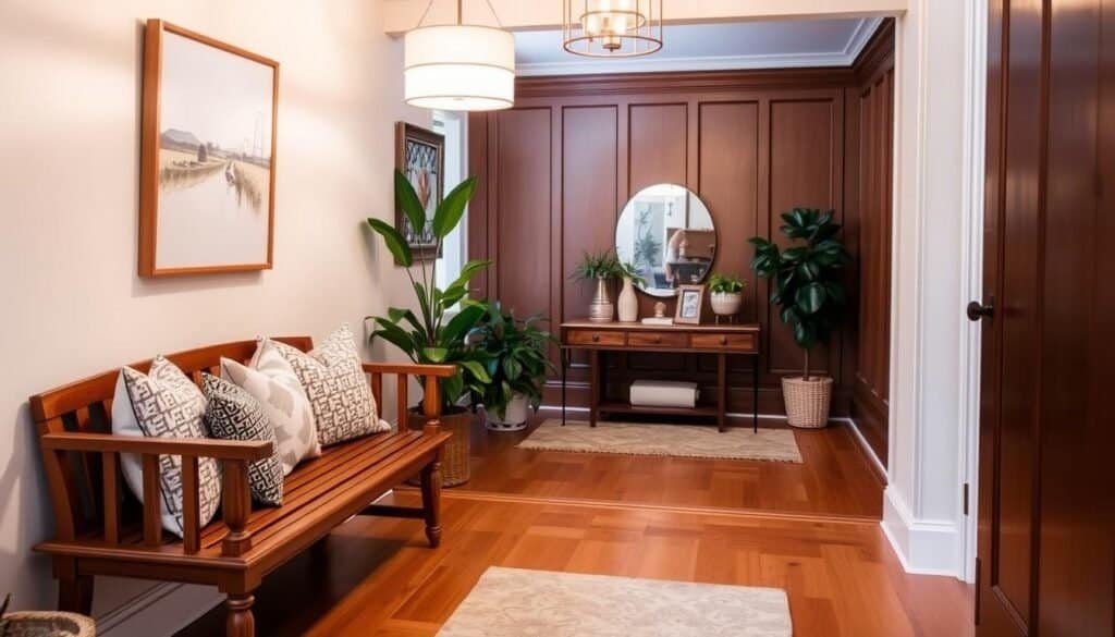An inviting entryway with a warm, welcoming atmosphere. A stylish wooden bench in the foreground, accented with plush cushions and decorative throw pillows. Hanging above, a modern light fixture casts a soft, ambient glow. The middle ground features lush potted plants and a wooden console table, adorned with tasteful decor pieces. The background showcases a beautifully paneled wall, hinting at the refined elegance of the interior. Hardwood floors and natural textures create a cohesive, harmonious space that draws the eye and inspires a sense of connection upon entering the home.