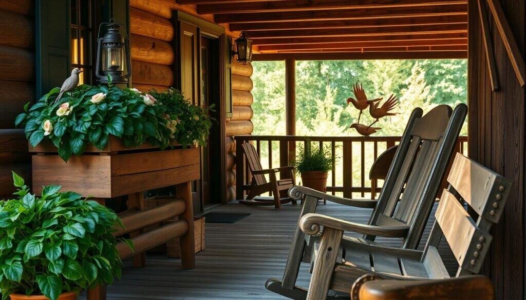 An inviting rustic porch, its weathered wood beams and planks bathed in warm, golden light. Handcrafted wooden planters overflowing with lush greenery, complemented by a vintage lantern and a set of carved wooden birds perched on the railing. In the foreground, an old-fashioned rocking chair beckons, its sturdy frame and distressed finish embodying the charm of The Sawdust Man's creations. A worn wooden bench sits nearby, its simplicity belying the careful craftsmanship that went into its design. The scene exudes a sense of timeless, pastoral tranquility, a perfect oasis for embracing the rustic charm of a summer porch.