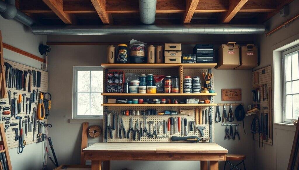 An overhead utilization system in a small workshop, illuminated by soft natural light filtering through large windows. A sturdy, custom-built storage rack dominates the middle ground, its shelves neatly organized with various tools, supplies, and materials. In the foreground, a workbench with a well-worn surface is flanked by pegboards, cleverly displaying a diverse array of hand tools in a visually appealing manner. The background features exposed wooden beams and a serene, minimalist aesthetic, creating a sense of order and efficiency within the compact space.