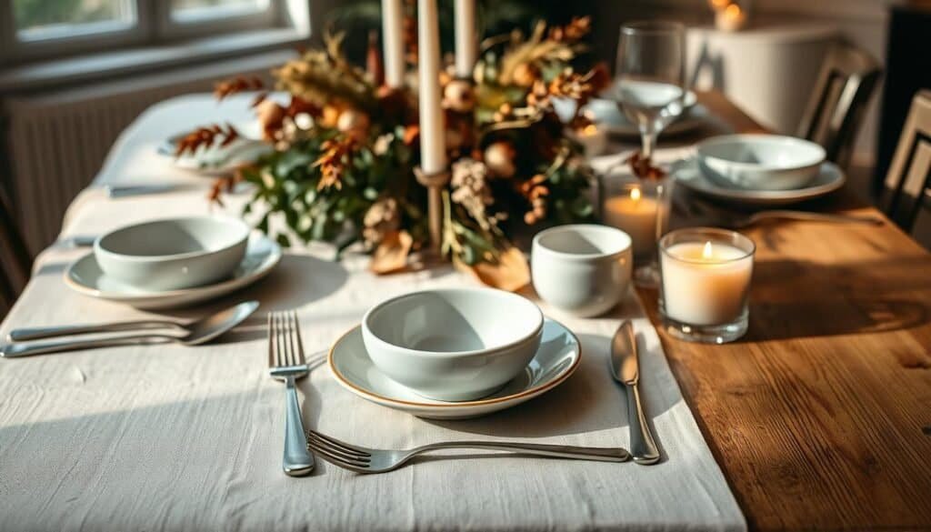 Autumn table setting, soft natural lighting illuminating a wooden table with a linen tablecloth, delicate ceramic dinnerware, brushed metal cutlery, and a centerpiece of seasonal foliage, dried botanicals, and softly glowing candles. Warm, muted colors create an elegant, inviting ambiance. Tightly framed, close-up view emphasizing the textural details and layered composition. Shallow depth of field, slightly elevated camera angle for a refined, elevated perspective.
