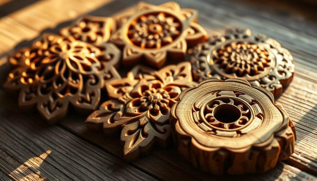 Beautifully handcrafted wood accents, delicately carved with intricate patterns and textures. A warm, natural glow illuminates the intricate grain and smooth surfaces, casting soft shadows that highlight the artistry of the craftsmanship. The pieces are carefully arranged on a rustic wooden surface, creating a harmonious composition that evokes a sense of tranquility and the joy of homemade decor. Warm, directional lighting casts a cozy ambiance, while the camera captures the accents from a medium close-up angle, showcasing the captivating details and the refined skill of the woodworker.