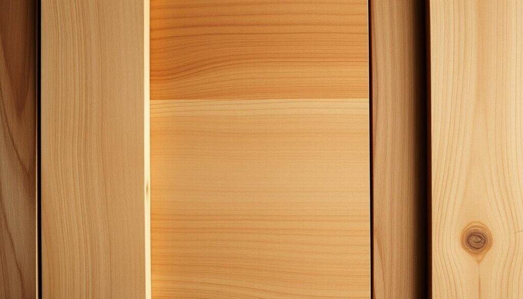 Beautifully textured natural wood elements, arranged in a warm, minimalist aesthetic. A soothing focal point composed of smooth, sanded hardwood planks and smooth-grained boards in various tones, strategically positioned to catch the soft, diffused lighting. Subtle shadows and highlights accentuate the organic grain patterns and tactile surfaces, creating a calming, inviting atmosphere. The arrangement is clean and uncluttered, allowing the inherent beauty of the wood to shine. Captured at a medium distance with a shallow depth of field, the image exudes a sense of tranquility and balance.