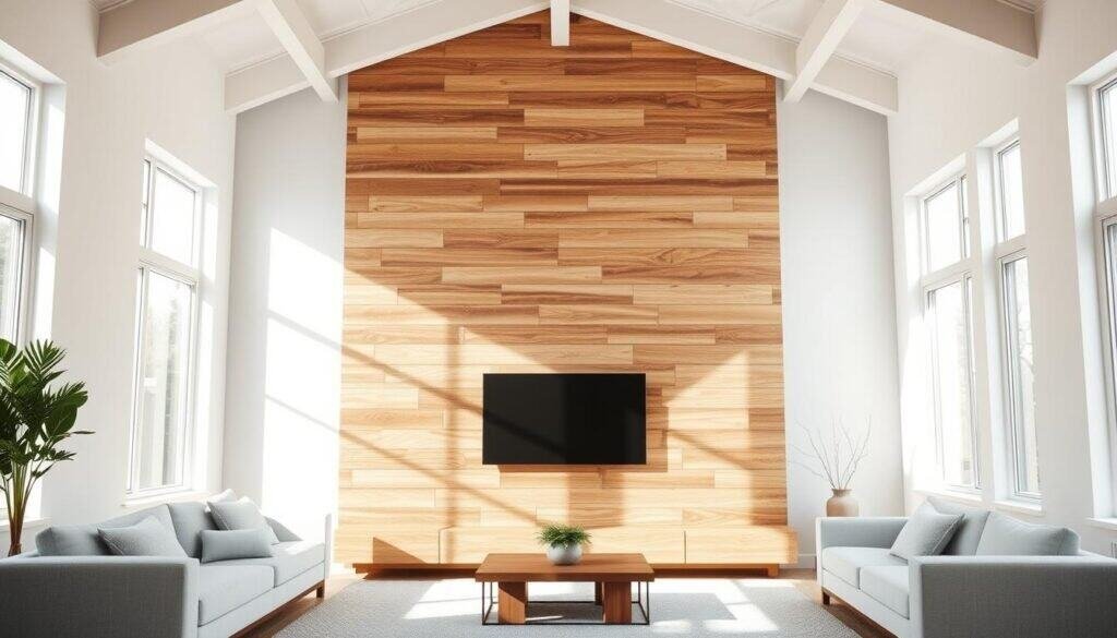 Bright, airy living room with a captivating accent wall. Sunlight streams through large windows, casting a warm glow on the meticulously crafted wooden paneling. The paneling features a mix of natural tones, creating a visually striking contrast against the crisp, white walls. The arrangement is both modern and timeless, seamlessly blending rustic charm with clean, contemporary design. The room exudes a sense of calm and rejuvenation, inviting the viewer to pause and appreciate the subtle beauty of this transformative wall feature.