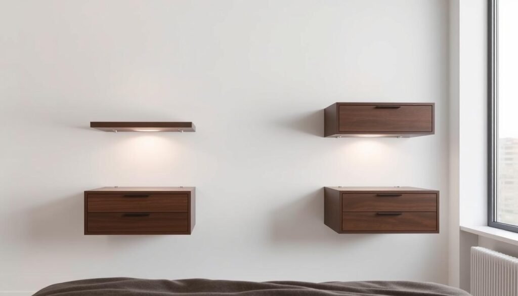 Contemporary floating nightstands, elegantly suspended in mid-air, exuding a minimalist and modern aesthetic. Sleek wood or high-gloss lacquered surfaces, seamlessly mounted on discreet brackets, creating the illusion of effortless levitation. Soft, directional lighting casts a warm glow, accentuating the clean lines and subtle curves of the nightstand design. The nightstands are positioned in a minimalist, white-walled bedroom setting, allowing the floating furniture to be the focal point. Soft, diffused natural light streams in from a large window, complementing the modern vibe. The overall atmosphere is one of understated sophistication and space-saving functionality, perfectly suited for a small urban bedroom.