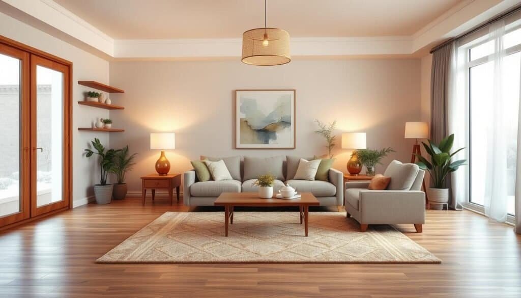 Cozy and inviting living room with tasteful furniture placement for harmonious energy flow. Wooden shelves along the walls, a plush sectional sofa facing a low coffee table, and a large area rug anchoring the space. Soft ambient lighting from table lamps and a central pendant fixture, casting a warm glow. Large windows let in natural daylight, creating a serene and rejuvenating atmosphere. Carefully curated decorative elements like potted plants and abstract artwork add visual interest. The overall scene exudes a sense of tranquility and balance, promoting a relaxing and restorative vibe.