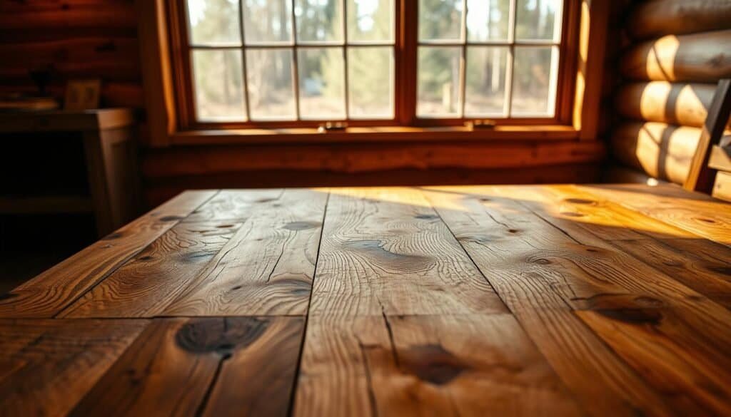 Cozy and inviting wooden interior with natural textures blended harmoniously. Close-up view of a rustic tabletop, showcasing the varied grains, knots, and patterns of multiple wood species - oak, pine, and maple - arranged in a visually striking yet balanced composition. Warm, diffused lighting from a large window softly illuminates the scene, casting gentle shadows and highlights that accentuate the tactile qualities of the materials. The image conveys a sense of warmth, depth, and craftsmanship, inspiring the viewer to imagine incorporating similar wood combinations into their own living spaces.