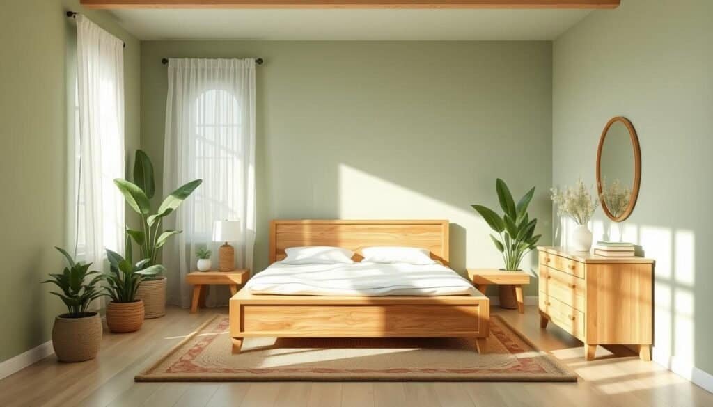 Cozy and serene green-hued bedroom with warm wooden accents. Soft natural light filters through sheer curtains, casting a calming glow. A large wooden bed frame in the center, complemented by a rustic wooden dresser and nightstands. Lush potted plants and a woven area rug add organic textures. The walls feature a subtle green-gray tone, creating a tranquil and restorative atmosphere. High-quality, detailed rendering with a focus on natural materials and muted tones.