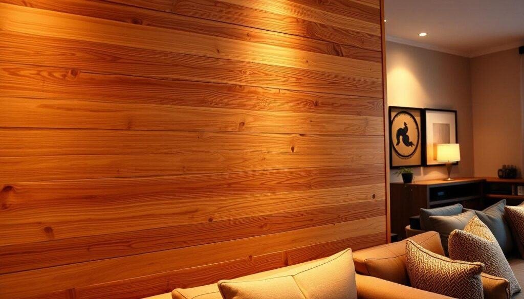 Cozy and warm wooden accent wall, illuminated by soft, ambient lighting, seamlessly blending into a comfortably furnished room. Intricate wood grain textures, subtle knots, and a natural, rustic finish create a serene and inviting atmosphere. The wall extends from the foreground to the middle ground, leading the eye through the space. In the background, hints of complementary furnishings and decor subtly frame the wooden feature, enhancing the overall harmonious design. A sense of tranquility and homeliness pervades the scene, inviting the viewer to imagine the comforts of this welcoming space.