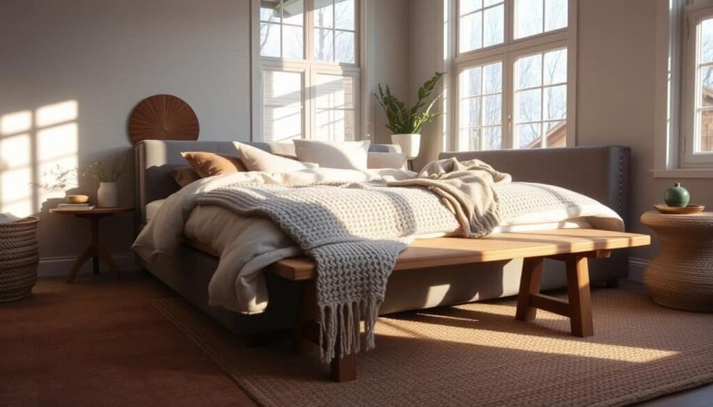 Cozy bedroom scene with natural fiber textiles: a woven wool area rug in earthy tones, a linen duvet cover in a soothing neutral palette, and a soft knitted throw blanket draped over a wooden bench at the foot of a plush upholstered bed. Warm task lighting casts a gentle glow, highlighting the natural textures. Large windows allow natural daylight to stream in, casting long shadows across the room. The overall atmosphere is one of calm, comfort, and relaxation.