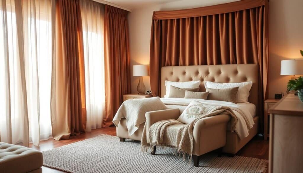 Cozy bedroom with soft, inviting textiles. Plush velvet curtains in a rich, earthy tone frame a large, tufted headboard covered in a luxurious, flowing fabric. Delicate, sheer panels hang over the windows, filtering warm, gentle light. Intricate embroidered throw pillows and a hand-knit blanket adorn a comfortable, oversized armchair, creating a welcoming nook. Textured area rug grounds the space, complementing the refined, natural wood nightstands and dresser. Subtle, ambient lighting casts a cozy glow, establishing a serene, relaxing atmosphere. Cozy bedroom with soft, inviting textiles. Plush velvet curtains in a rich, earthy tone frame a large, tufted headboard covered in a luxurious, flowing fabric. Delicate, sheer panels hang over the windows, filtering warm, gentle light. Intricate embroidered throw pillows and a hand-knit blanket adorn a comfortable, oversized armchair, creating a welcoming nook. Textured area rug grounds the space, complementing the refined, natural wood nightstands and dresser. Subtle, ambient lighting casts a cozy glow, establishing a serene, relaxing atmosphere.