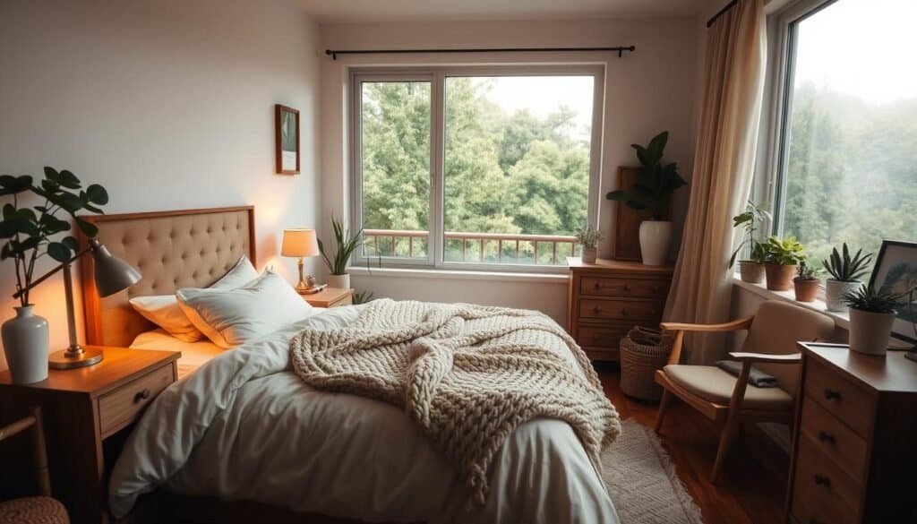 Cozy bedroom with warm, inviting atmosphere. Soft, textured bedding in neutral tones - plush duvet, chunky knit throw blanket. Nightstands with classic table lamps, creating a gentle glow. Wooden furniture pieces, like a dresser and armchair, adding natural elements. Large window overlooking a lush, green landscape, letting in diffused natural light. Potted plants and personal decor accents, like framed artwork, scattered throughout, making the space feel lived-in and comfortable. Overall, a tranquil, nurturing retreat that reflects the resident's unique style and personality.