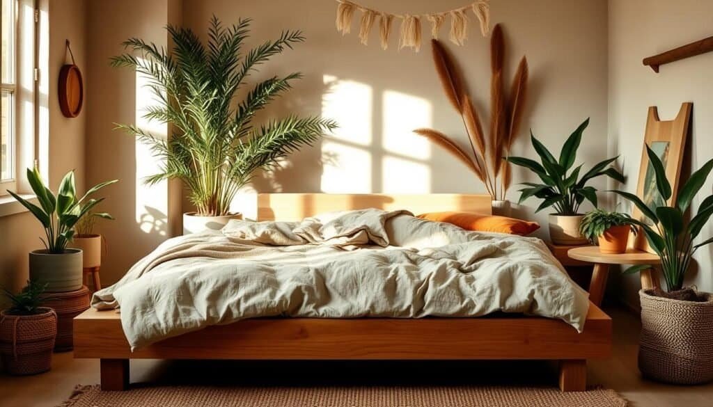 Cozy earthy bedroom with warm neutral tones. Soft, textured linens in muted shades of beige, olive, and terracotta cover a wooden platform bed. Lush potted plants and natural wood accents create a grounding, nature-inspired atmosphere. Gentle side lighting casts a tranquil ambiance, highlighting the organic materials and soothing color palette. The overall scene evokes a sense of serene simplicity, inviting relaxation and restoration.