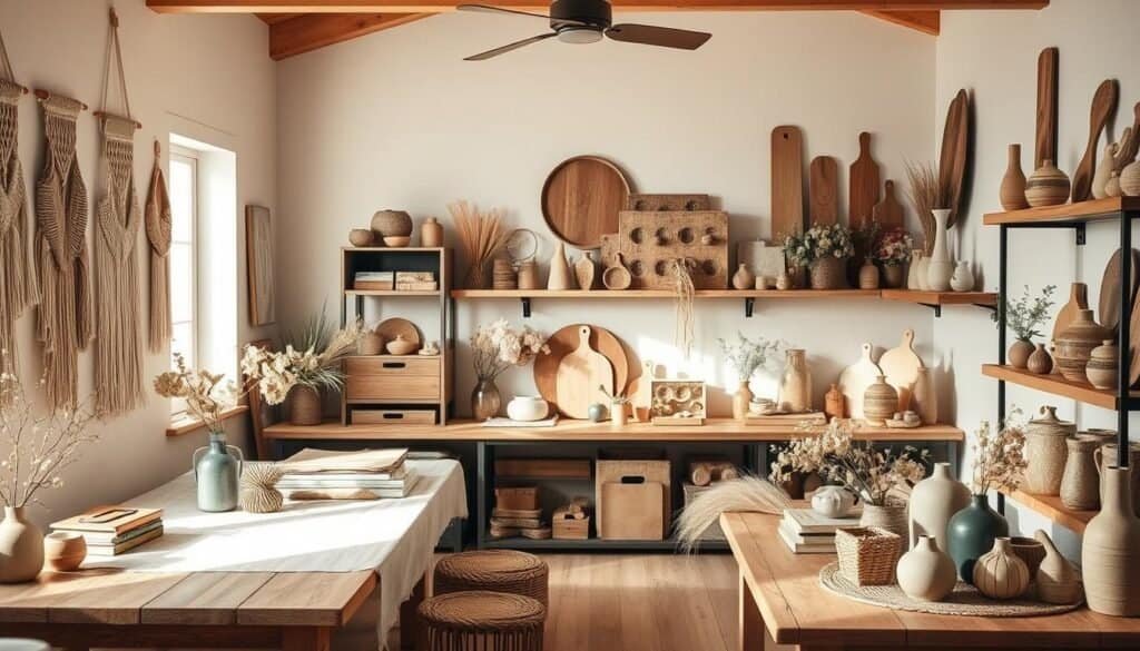 Cozy family craft room with natural light streaming in, warm wooden tables and shelves displaying an array of handmade décor pieces - macrame wall hangings, hand-carved wooden boxes, dried floral arrangements, and ceramic vases. Soft textures, muted earthy tones, and a sense of rustic charm fill the space. A tranquil, inviting atmosphere perfect for spending quality time together creating meaningful home accents.