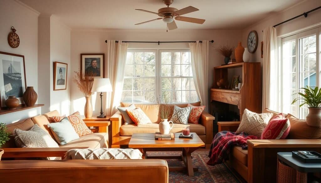 Cozy living room with personalized home decor elements. Warm, inviting atmosphere with natural lighting filtering through large windows. Handcrafted wooden furniture, a mix of modern and rustic pieces. Decorative accent pieces like vases, framed artwork, and textured throw pillows that reflect the owner's unique style and personality. Soft, muted color palette with pops of vibrant hues. Overall sense of comfort and personal expression throughout the space.