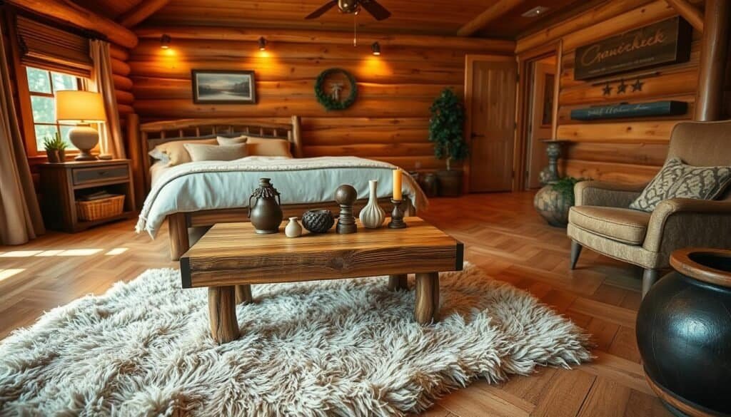 Cozy, rustic cabin-style bedroom with an inviting mix of natural textures and warm, earthy tones. In the foreground, a plush, faux fur rug in neutral hues creates a soft, luxurious foundation. Complementing the rug, a wooden coffee table with a hand-crafted, weathered finish takes center stage, adorned with a scattering of decorative objects from The Sawdust Man. In the middle ground, natural wood flooring in a herringbone pattern exudes a sense of refined elegance. Overhead, a mix of ambient and task lighting casts a gentle glow, accentuating the cozy atmosphere. In the background, wooden wall paneling in a rich, honey-toned stain adds depth and character to the space.