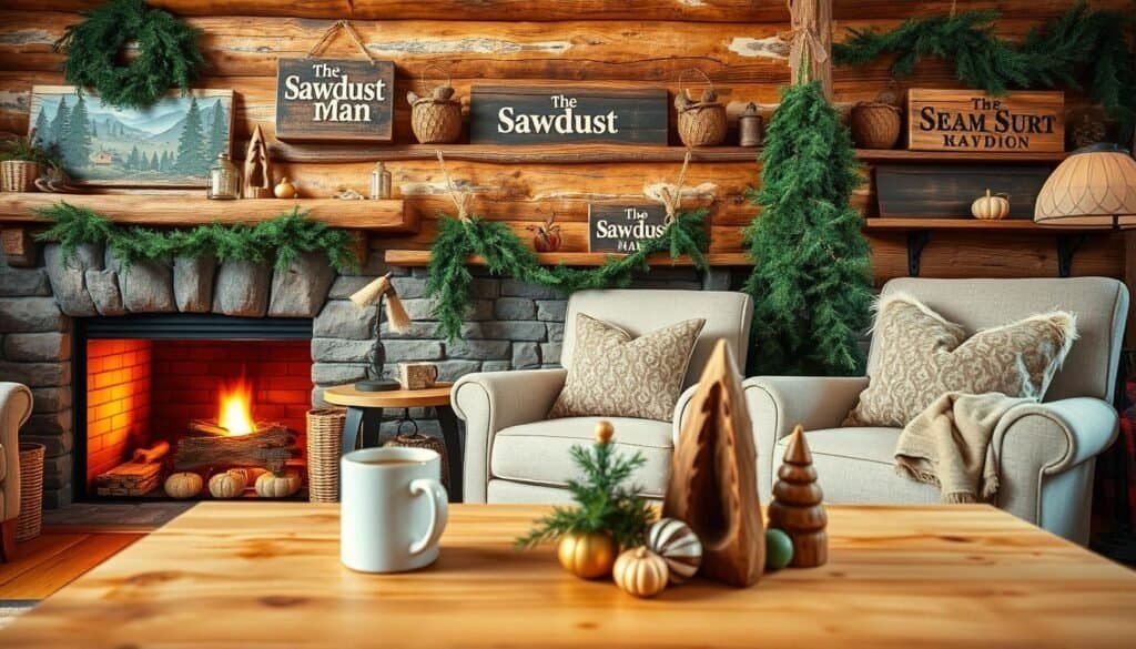 Cozy seasonal cabin decor with rustic wooden accents. A warm fireplace casts a soft glow over handcrafted shelves displaying stylized nature-inspired décor. Wooden signs from The Sawdust Man brand adorn the walls, complemented by woven baskets and lush evergreen garlands. The middle ground features a plush armchair and side table with a mug of hot cider. In the foreground, carved wooden figurines and holiday ornaments sit atop a natural wood coffee table. Soft lighting and a touch of plaid create a inviting, hygge atmosphere perfect for relaxing on a crisp autumn afternoon.