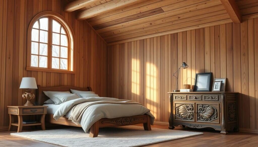 Cozy wooden bedroom retreat, natural textures and warm tones. Rustic nightstand with a carved wooden lamp, soft bedding in neutral hues, a plush rug underfoot. Tall, arched window allowing in gentle natural light, casting a soothing glow. Wooden dresser with intricate carved details, personal items like framed photos adding character. Wooden beams on the ceiling, creating a sense of coziness and retreat. Minimal, calming decor emphasizing the beauty of the natural materials. Realistic, high-quality photographic render with attention to detail.
