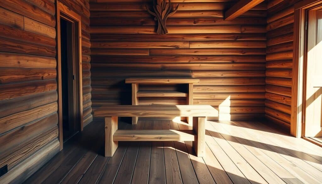 Cozy wooden entryway with warm light and natural textures. Rustic wood planks line the floor and walls, creating a welcoming atmosphere. A handcrafted wooden bench or console table stands in the foreground, inviting visitors to pause and admire the craftsmanship. Overhead, a wooden beam or decorative wooden element casts soft shadows, blending seamlessly with the earthy tones. The lighting is soft and diffused, highlighting the grain and warmth of the wood. The scene evokes a sense of comfort and homeliness, drawing the viewer in to experience the natural beauty of wooden elements.