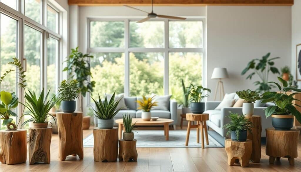 Cozy wooden plant displays in a bright living room. Rustic, handcrafted plant stands with potted greenery in the foreground. Mid-century modern furniture and natural light filling the space in the middle ground. Large windows overlooking a lush, green outdoor scene in the background. Soft, warm tones and a sense of tranquility throughout the image. High-resolution, photorealistic rendering with a shallow depth of field, highlighting the intricate wood grain details.