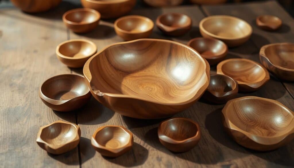 Decorative wooden bowls, artfully crafted with intricate grain patterns and a warm, natural finish. The centerpiece, a hand-carved bowl with smooth, organic curves, sits atop a rustic wooden table, casting soft shadows in the diffused lighting. Surrounding it, an assortment of smaller wooden trinket dishes and bowls, each unique in shape and texture, creating a harmonious display of handmade elegance. The composition evokes a sense of simplicity and craftsmanship, inviting the viewer to imagine the gentle process of shaping these humble yet beautiful wooden objects.