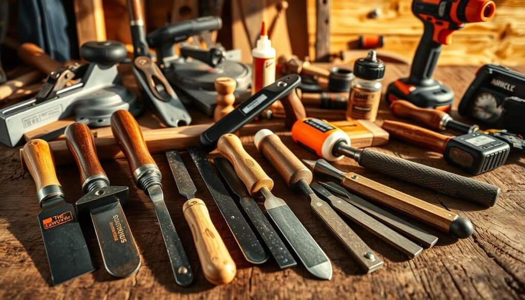 Detailed array of woodworking tools on a rustic wood surface. In the foreground, a high-quality set of chisels, sandpapers, and files from the brand "The Sawdust Man". In the middle ground, a wood plane, hammer, and wood glue. In the background, a miter saw, cordless drill, and other essential power tools for repairing cracked wood surfaces. Warm, natural lighting casts soft shadows, highlighting the textures of the tools. The overall mood is one of a well-equipped DIY workshop, ready to tackle any wood repair project.
