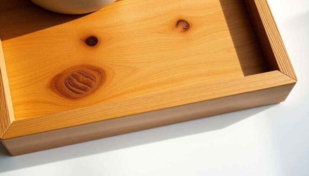 Detailed close-up image of an elegant, handcrafted wooden serving tray base. The base is rectangular in shape, made from warm, medium-toned oak wood with a smooth, sanded finish. The grain patterns and natural wood knots are prominently visible. Soft, even lighting from the side casts subtle shadows, highlighting the textural details. The tray has a simple, yet refined design, suitable for displaying a variety of serveware or decor items. The overall mood is one of refined rustic charm, perfect for a cozy, modern farmhouse-style kitchen or dining area.