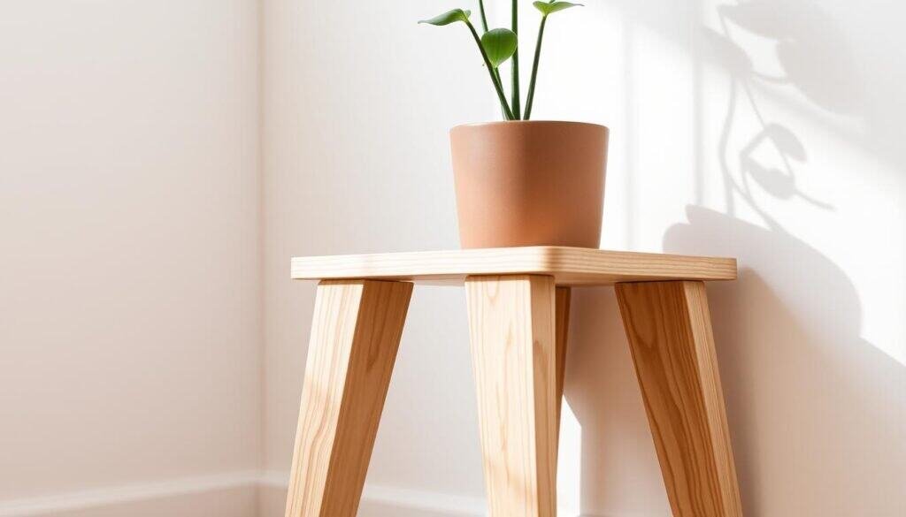 Detailed close-up of a handcrafted wooden plant stand with a minimal, modern design. The stand is made of smooth, light-colored wood with clean lines and a minimalist aesthetic. It features a square or rectangular shape with a raised surface to hold a medium-sized potted plant. The stand is positioned against a plain, white wall, allowing the natural wood tones to be the focal point. Warm, diffused lighting from a window or soft overhead source casts gentle shadows, highlighting the texture and grain of the wood. The overall scene conveys a sense of rustic simplicity and natural beauty, perfect for showcasing a houseplant in a contemporary, relaxed interior setting.