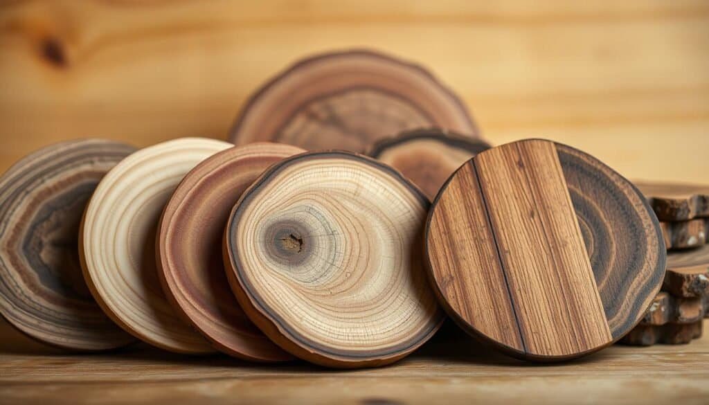 Detailed close-up of a rustic, handcrafted wooden coaster collection, showcasing a variety of popular wood types. The coasters are arranged in a natural, organic display against a warm, earthy background. The lighting is soft and diffused, highlighting the distinct grains, knots, and textures of each wood species, including oak, maple, cedar, walnut, and pine. The composition emphasizes the natural beauty and tactile qualities of the materials, conveying a sense of rustic charm and artisanal craftsmanship suitable for a homemade décor piece.