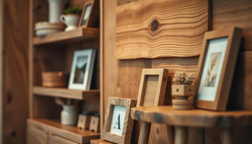 Detailed close-up of small-scale wood accents in a cozy, warm-toned interior. Rustic, textured wood grains in various natural hues - oak, walnut, maple - arranged in a harmonious composition. Soft, indirect lighting highlights the organic patterns and gentle imperfections. Wooden shelving, picture frames, a small end table, and other subtle décor elements create a grounded, inviting ambiance. Shallow depth of field blurs the background, placing the focus on the natural wood textures. Clean, minimalist styling emphasizes the beauty of the materials.