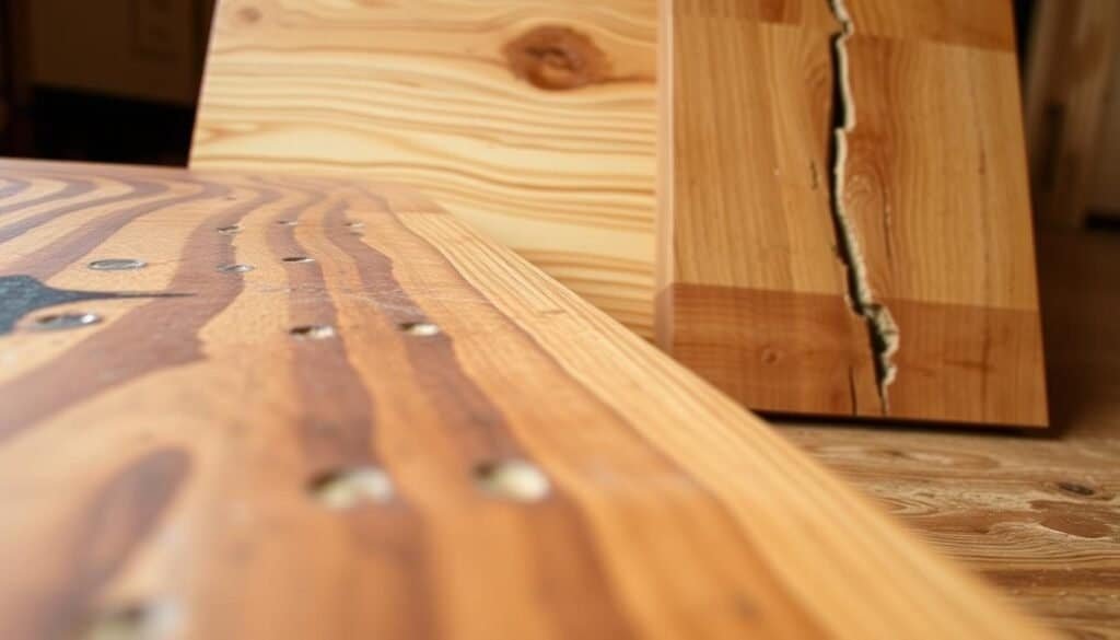 Detailed close-up photograph of various wood finishing mistakes, captured by "The Sawdust Man". Foreground shows uneven staining, blotchy application, and drip marks on a wooden surface. Middle ground depicts an improperly sanded area with visible scratches and swirls. Background showcases a warped and cracked wood panel, highlighting issues with humidity and moisture control. Warm, natural lighting accentuates the textural flaws, creating a sense of realism and educational purpose. Crisp focus, high resolution, and realistic rendering to illustrate common pitfalls in wood finishing techniques.