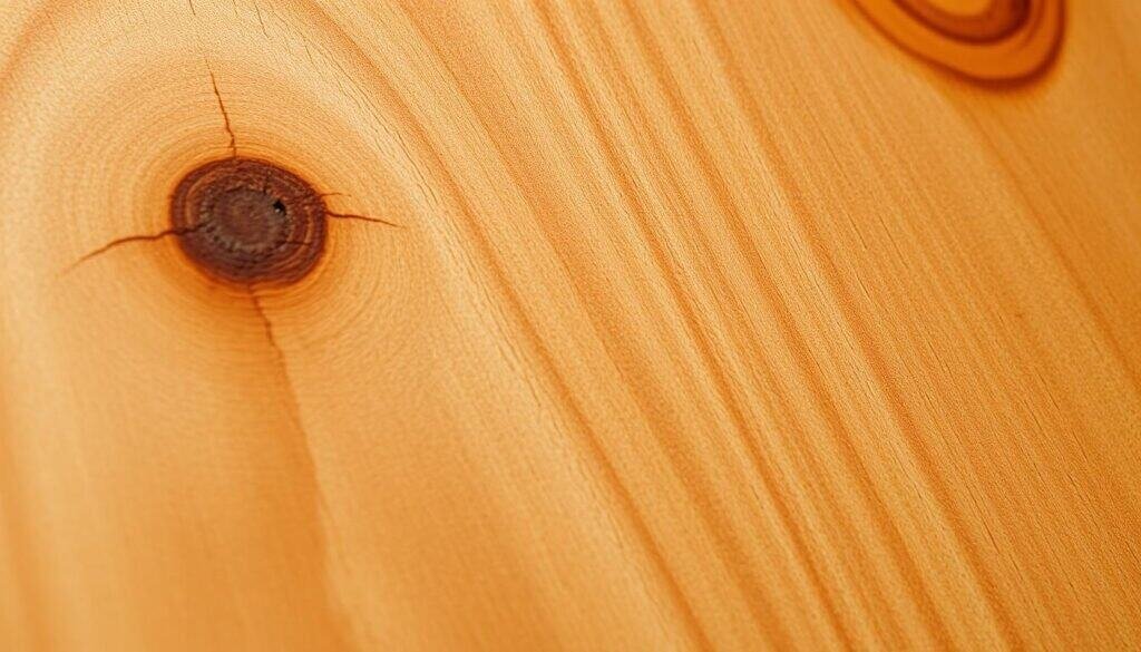 Detailed, close-up shot of a rich, warm wood grain texture. Prominently featuring the natural patterns, knots, and subtle variations in the wood. Captured under soft, even lighting that accentuates the depth and tactile quality of the material. Photographed at a slight angle to create depth and visual interest. The wood has a honey-toned hue with hints of amber and red undertones, conveying a sense of sophistication and rustic charm. Overall, the image evokes a grounded, organic, and inviting atmosphere, perfectly suited for a cozy home decor setting.
