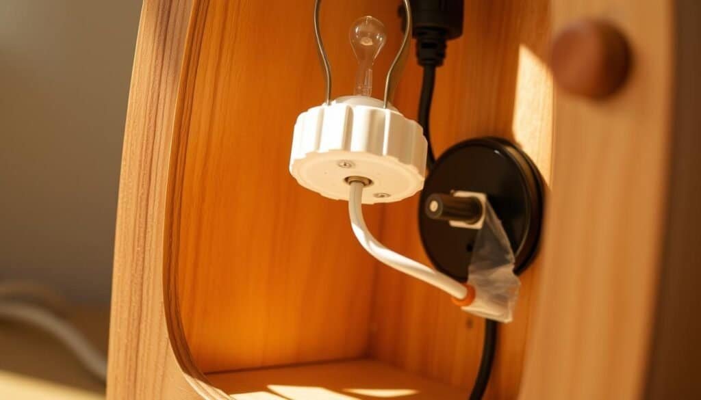 Detailed close-up shot of the inner wiring and electrical components of a handcrafted wooden table lamp. Visible components include the lamp socket, power cord, wire connectors, and exposed wooden housing. Warm, natural lighting illuminates the scene, casting soft shadows and highlighting the textures of the wood and metal. The image conveys a sense of craftsmanship and attention to safety in a simple, straightforward manner.