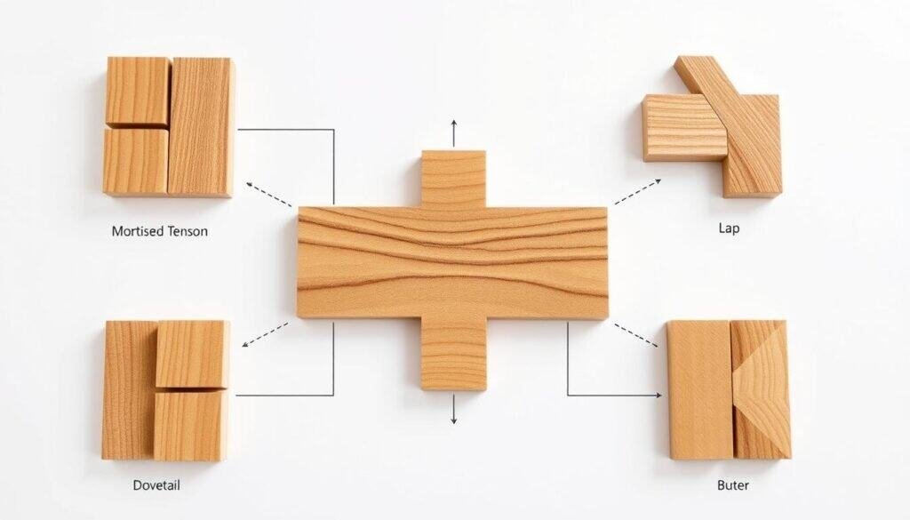 Detailed diagram showcasing five fundamental woodworking joints, crafted with meticulous precision. A clean, minimalist composition against a crisp white backdrop, capturing the essence of The Sawdust Man's expertise. Close-up angles highlight the intricate joinery techniques, including mortise and tenon, dovetail, lap, butt, and miter joints. Warm, natural lighting accentuates the organic textures and grain patterns of the high-quality hardwood samples. This technical illustration aims to educate and inspire DIY enthusiasts on the basic building blocks of joinery, empowering them to tackle projects with confidence.
