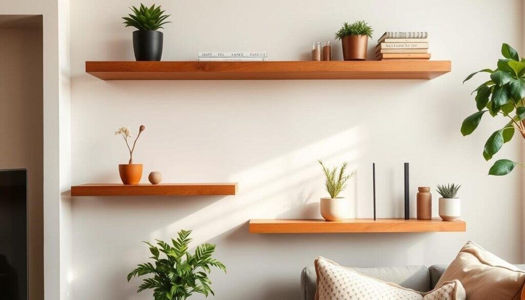 Detailed image of strategic placement of floating wood ledges in a cozy, well-lit living room. Sleek, minimalist wooden shelves effortlessly suspended at varying heights, their natural grain and texture complementing the soft, ambient lighting. Delicate potted plants, decorative accents, and carefully curated items artfully displayed, creating a harmonious and inviting space. The ledges appear to seamlessly integrate with the room's architecture, maximizing storage and visual interest within a compact layout. Warm, natural tones, clean lines, and a sense of balance and functionality pervade the scene.