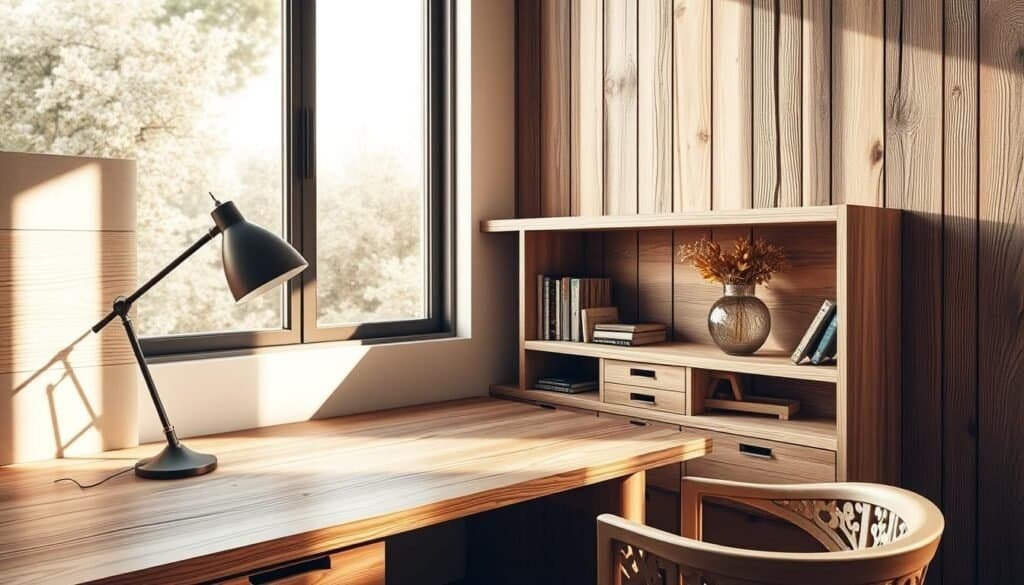 Detailed interior of a modern home study, featuring a clean, minimalist wooden desk arrangement with layered textures. Warm, natural lighting from a large window illuminates the scene, casting soft shadows. The desk is adorned with a variety of wooden elements, including a smooth desktop, intricate carved accents, and weathered wood panels on the walls. A mix of light and dark tones creates visual depth and interest. The overall atmosphere is one of understated elegance and a connection to nature.