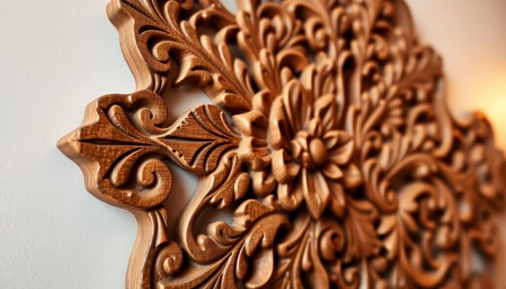 Detailed ornate wood carving of an intricate floral design, showcasing intricate patterns, textures, and dimensional shapes. The carving features delicate petals, leaves, and stems with a high level of detail and depth, creating a visually stunning and tactile piece. Warm, soft lighting from the side highlights the shadows and contours, enhancing the sense of depth and artistry. The carving is set against a clean, neutral background, allowing the craftsmanship to be the focal point. This piece would make a beautiful accent for a shelf or table, adding a touch of elegant, handcrafted beauty to any space.