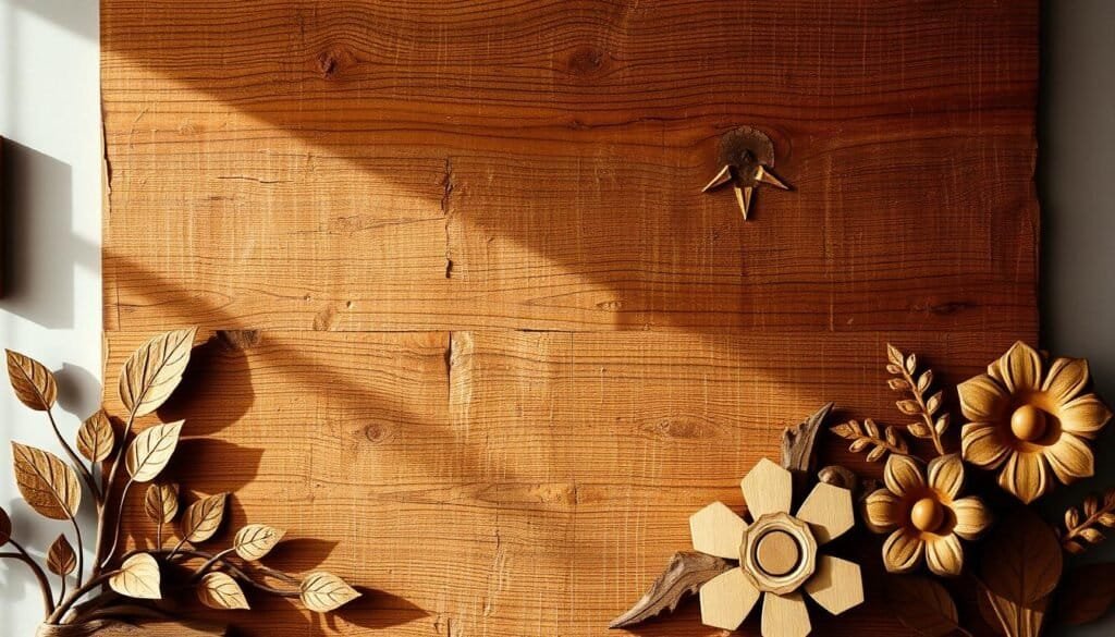 Detailed rustic wood wall art showcasing the natural beauty of aged, weathered timber. A large, textured wooden panel in warm, earthy tones dominates the frame, with intricate wood grain patterns and subtle distressing. In the foreground, hand-crafted wooden accents like carved leaves, flowers, and geometric shapes add depth and character. Soft, directional lighting casts gentle shadows, highlighting the tactile, artisanal quality of "The Sawdust Man" custom woodwork. The overall composition evokes a sense of warmth, coziness, and a touch of rustic charm, perfect for a cozy bedroom setting.
