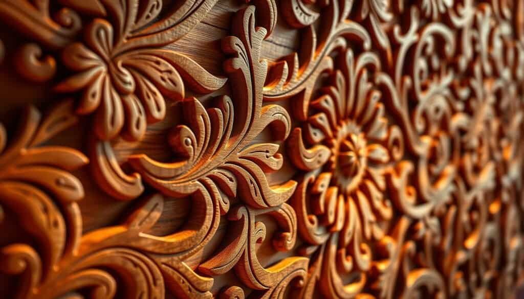 Detailed wood art pattern with intricate carved textures and natural grain. Warm lighting from the side illuminates the sculptural forms, casting deep shadows that accentuate the depth and dimensionality. The design features a harmonious blend of organic shapes and geometric patterns, creating a visually striking and tactile piece suitable for home decor. Captured at a medium distance with a moderate depth of field, allowing the viewer to appreciate the craftsmanship and materiality of the wooden artwork.